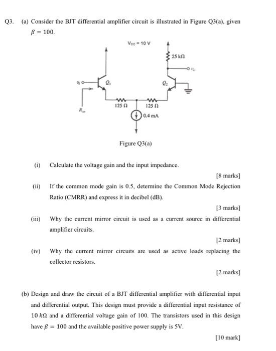 Solved Q3. (a) Consider the BJT differential amplifier | Chegg.com