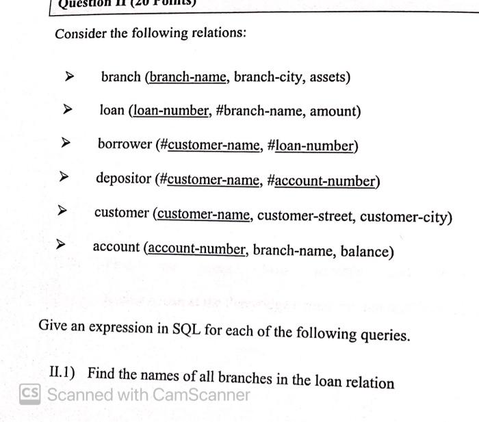 Solved Consider the following relations: branch | Chegg.com