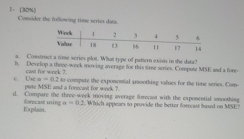 Solved 1- (30%) Consider the following time series data. | Chegg.com
