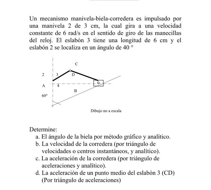 Un mecanismo manivela-biela-corredera es impulsado por una manivela 2 de \( 3 \mathrm{~cm} \), la cual gira a una velocidad c