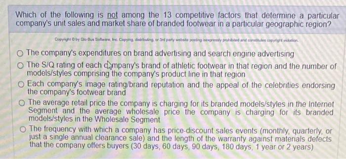 Which of the following is not among the 13 competitive factors that determine a particular companys unit sales and market sh