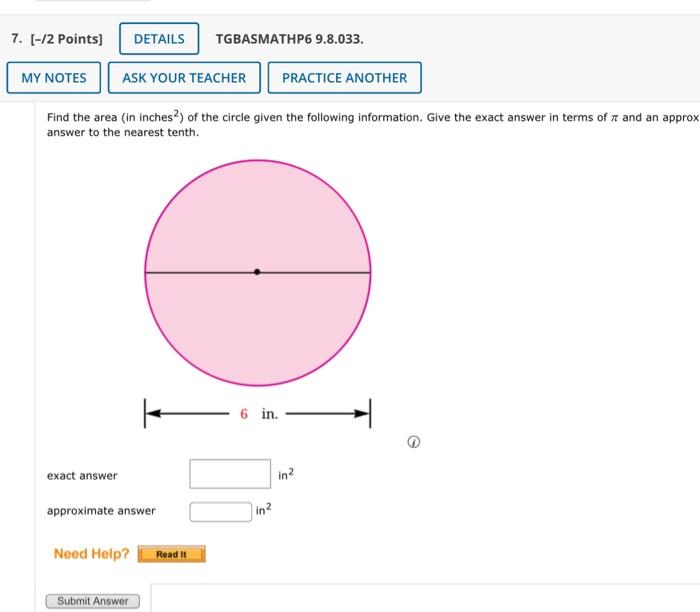 Solved Find the area (in inches 2 ) of the circle given the | Chegg.com