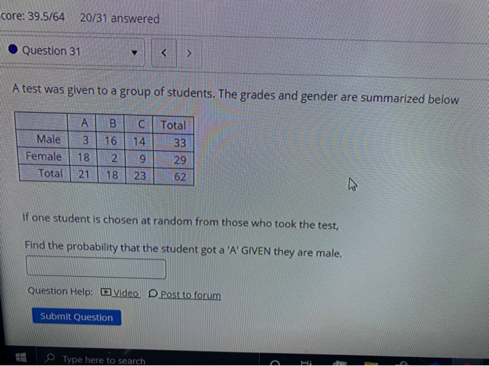 Solved Core: 39.5/64 20/31 Answered Question 31 A Test | Chegg.com