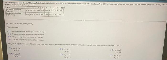 The pass completion percentages of 10 college football quarterbacks for their treshman and sophomore seasons are shown in the