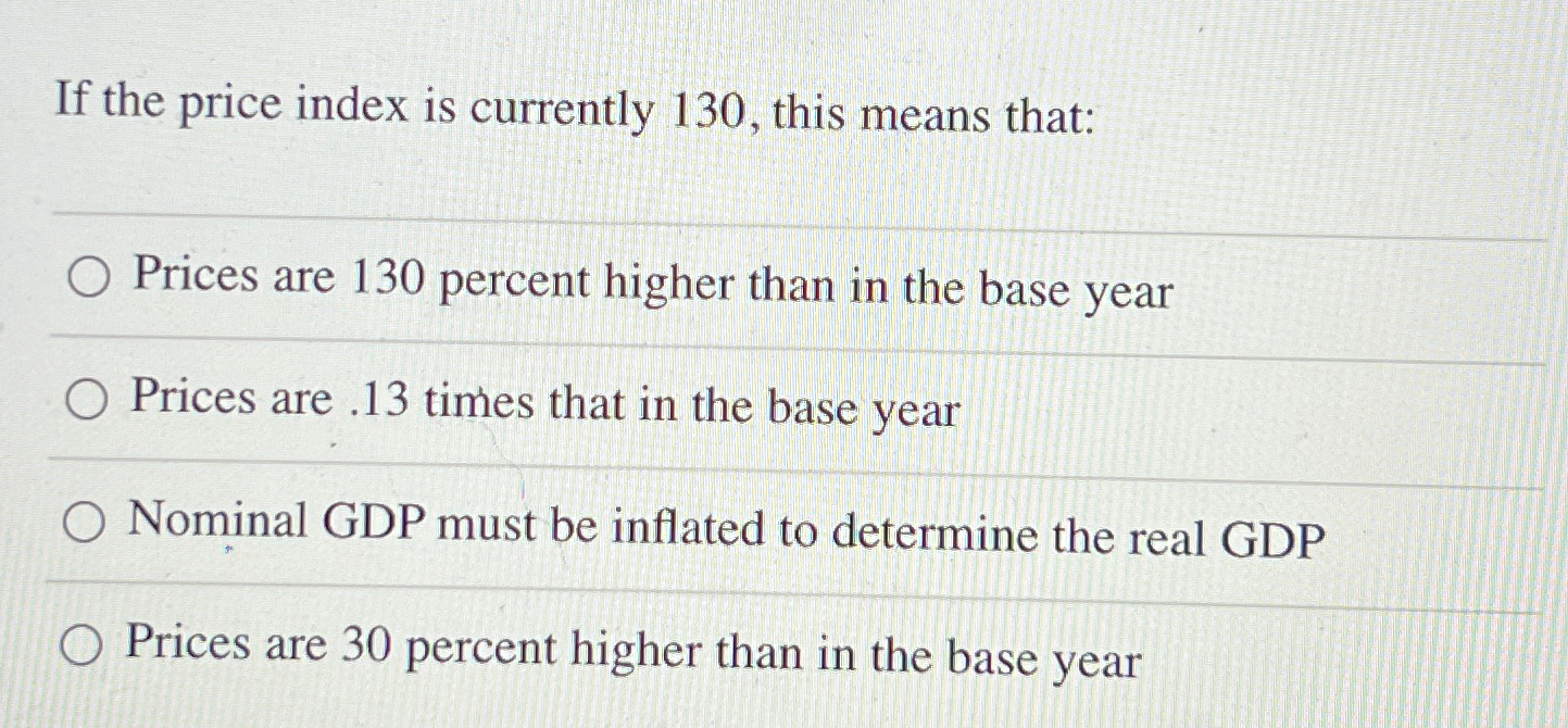Solved If the price index is currently 130 , ﻿this means | Chegg.com