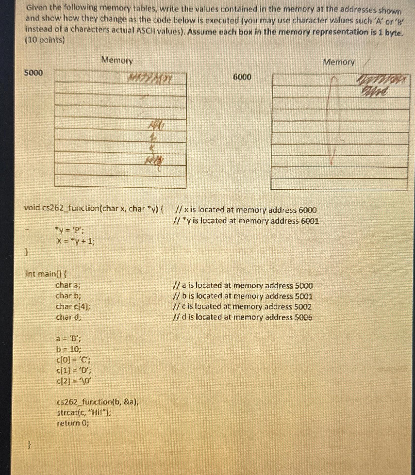 Solved Given the following memory tables, write the values | Chegg.com
