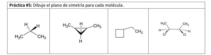 \begin{tabular}{|l|l|l|l|} \hline Práctica \#5: Dibuje el plano de simetría para cada molécula. \\ \hline \end{tabular}