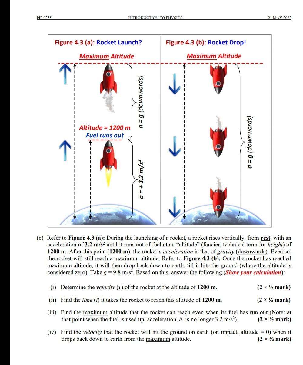 PIP 0255
INTRODUCTION TO PHYSICS
Figure 4.3 (a): Rocket Launch?
Maximum Altitude
?
Altitude = 1200 m
Fuel runs out
a = g (dow