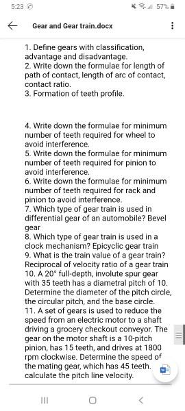 Solved 5:23 *9.57% Gear and Gear train.docx 1. Define gears | Chegg.com