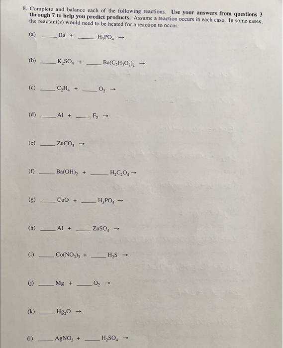 Solved 3. Write a balanced chemical equation for each of the | Chegg.com