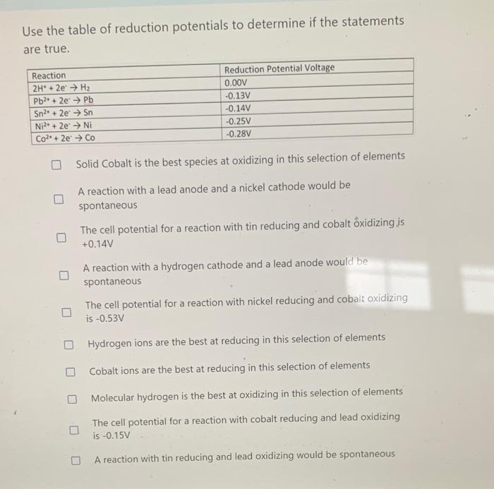 Solved Use the table of reduction potentials to determine if | Chegg.com