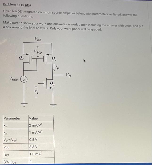 Solved Problem 4 (16pts) Given NMOS integrated common source | Chegg.com