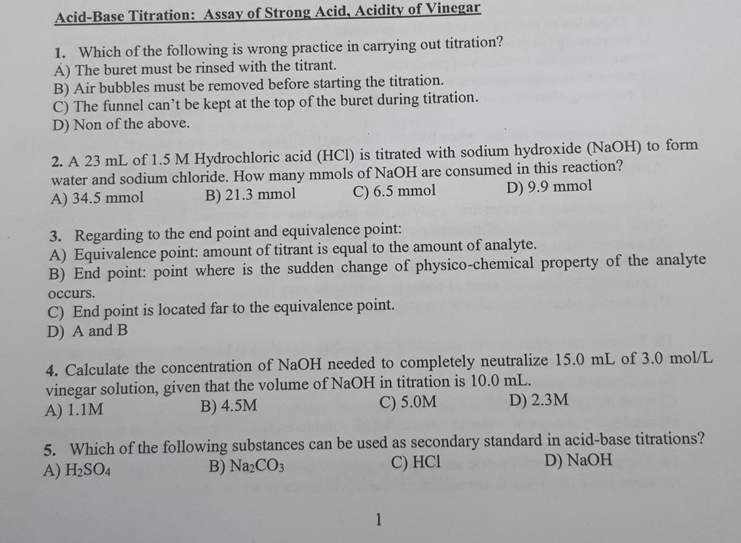 Solved Acid-Base Titration: Assay of Strong Acid, Acidity of | Chegg.com
