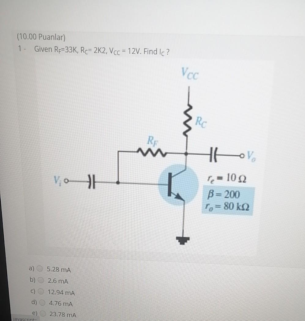 Solved 10 00 Puanlar 1 Given R 33k R 2k2 Vcc 12v Chegg Com