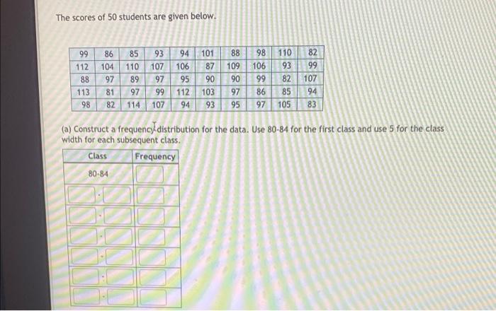 Solved The scores of 50 students are given below. 99 86 85 | Chegg.com