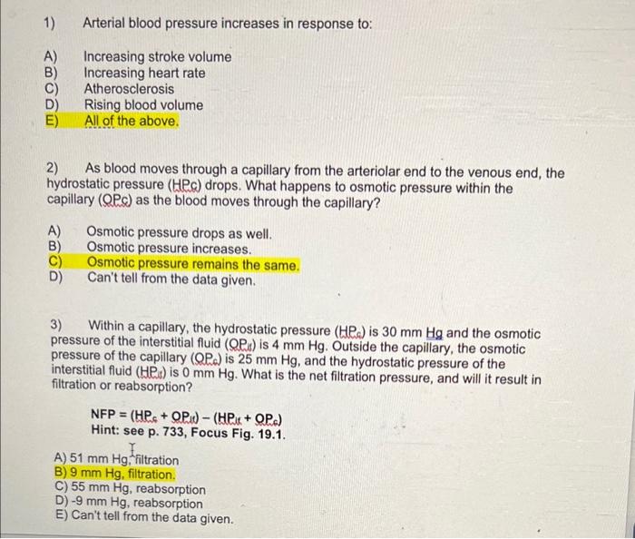 Solved 1) Arterial blood pressure increases in response to: | Chegg.com