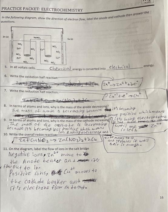 Solved PRACTICE PACKET ELECTROCHEMISTRY questions. in the