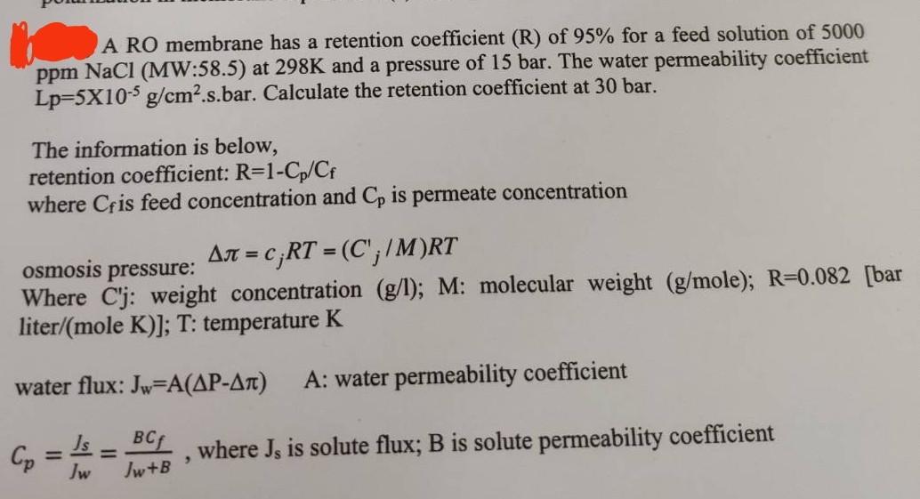 Solved A RO membrane has a retention coefficient (R) of 95