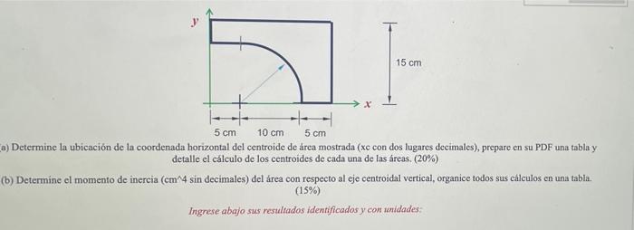 15 cm + 5 cm 10 cm 5 cm a) Determine la ubicación de la coordenada horizontal del centroide de área mostrada (xc con dos luga