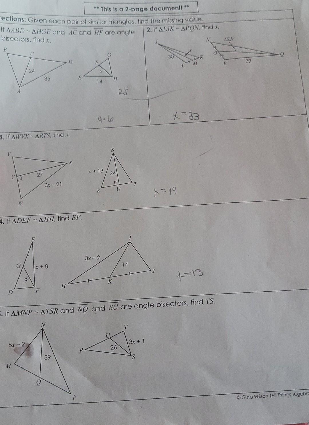 Solved Unit 6 similat triangles Homework Parts of similar