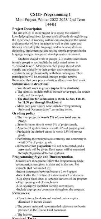 Solved CS111- Programming 1 Mini Project. Winter | Chegg.com