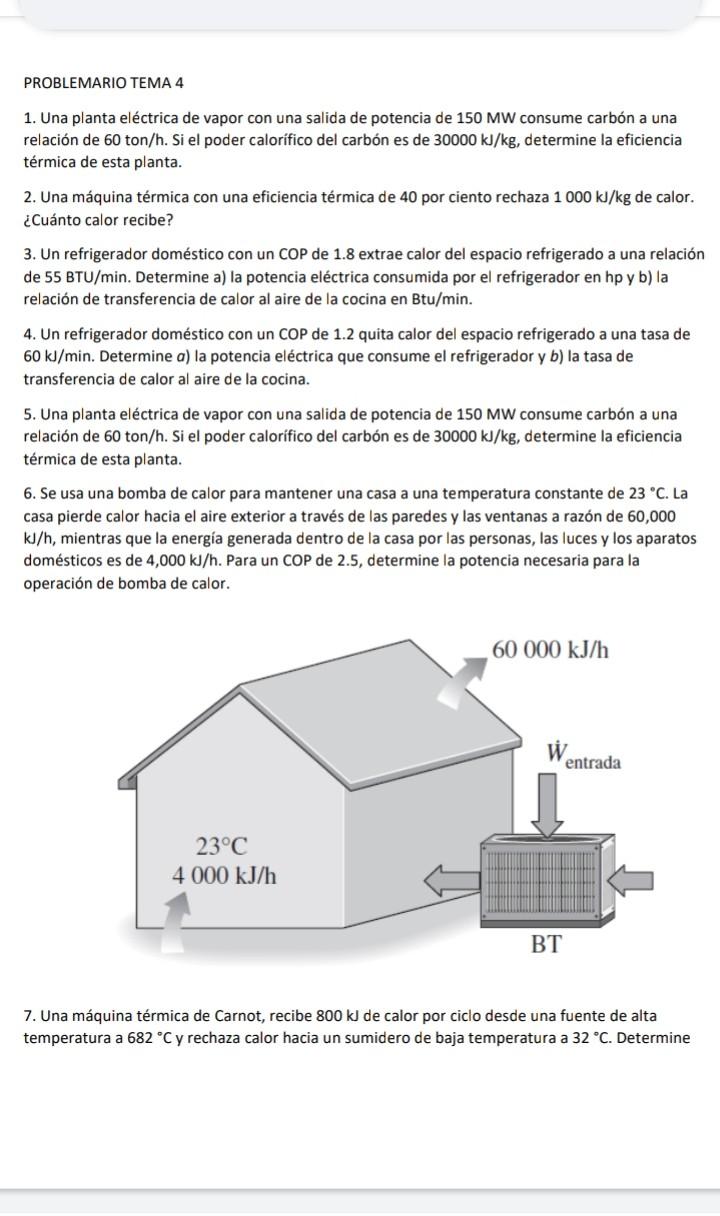 PROBLEMARIO TEMA 4 1. Una planta eléctrica de vapor con una salida de potencia de \( 150 \mathrm{MW} \) consume carbón a una