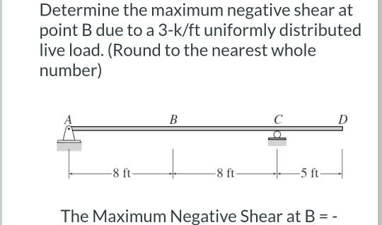 Solved Determine the maximum negative shear at point B due | Chegg.com