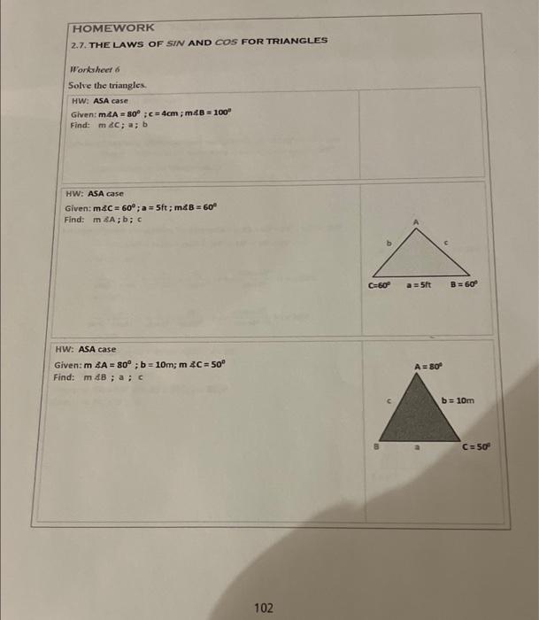 Solved HOMEWORK 2.7. THE LAWS OF SIN AND COS FOR TRIANGLES | Chegg.com