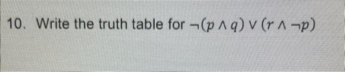 Solved 10. Write the truth table for ¬(p∧q)∨(r∧¬p) | Chegg.com