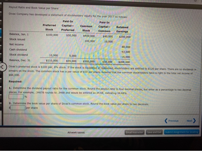 Solved Payout Ratio And Book Value Per Share Divac Company Chegg