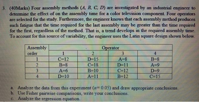 Solved 3. (40Marks) Four assembly methods (A, B, C, D) are | Chegg.com