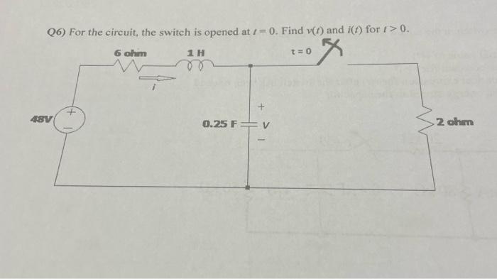Solved Q6) For the circuit, the switch is opened at t=0. | Chegg.com