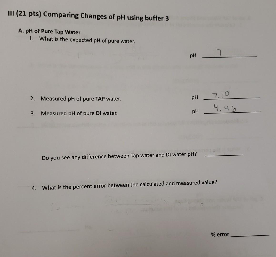 Solved III. Comparing Changes of pH A. pH of Pure Water