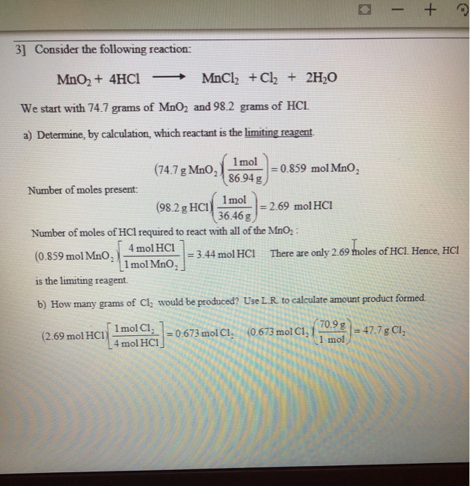 Solved - + 3] Consider the following reaction: MnO2 + 4HCl - | Chegg.com