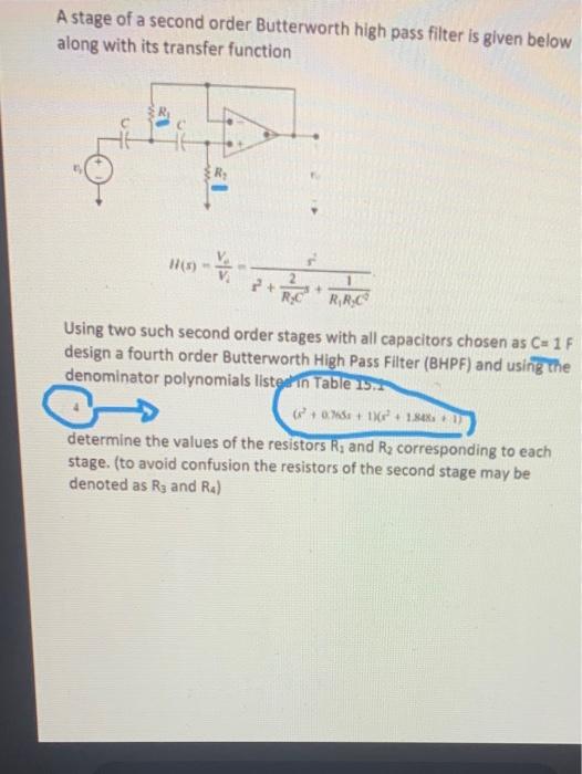 Solved A stage of a second order Butterworth high pass | Chegg.com
