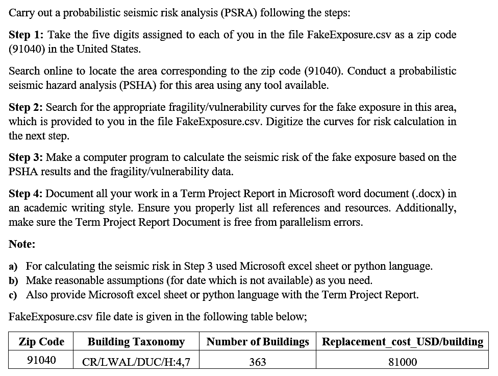 Carry out a probabilistic seismic risk analysis | Chegg.com