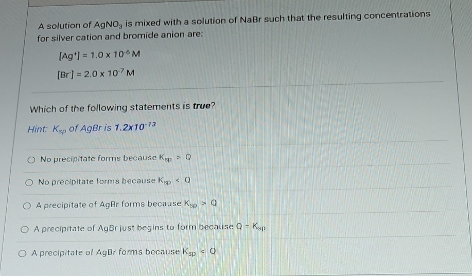 Solved A solution of AgNO3 ﻿is mixed with a solution of NaBr | Chegg.com