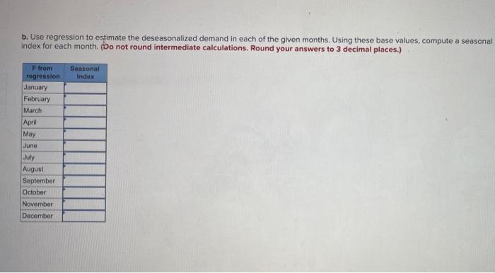 b. Use regression to estimate the deseasonalized demand in each of the given months. Using these base values, compute a seaso