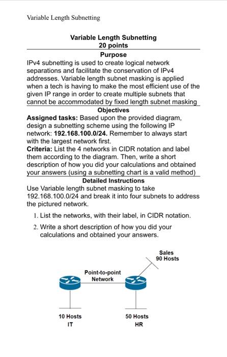 Variable Length Subnetting
Variable Length Subnetting
20 points
Purpose
IPv4 subnetting is used to create logical network
sep