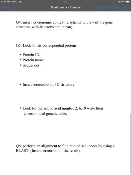 Solved 12:46 AM Wed 27 Apr 86% Done Bioinformatics Exercise | Chegg.com