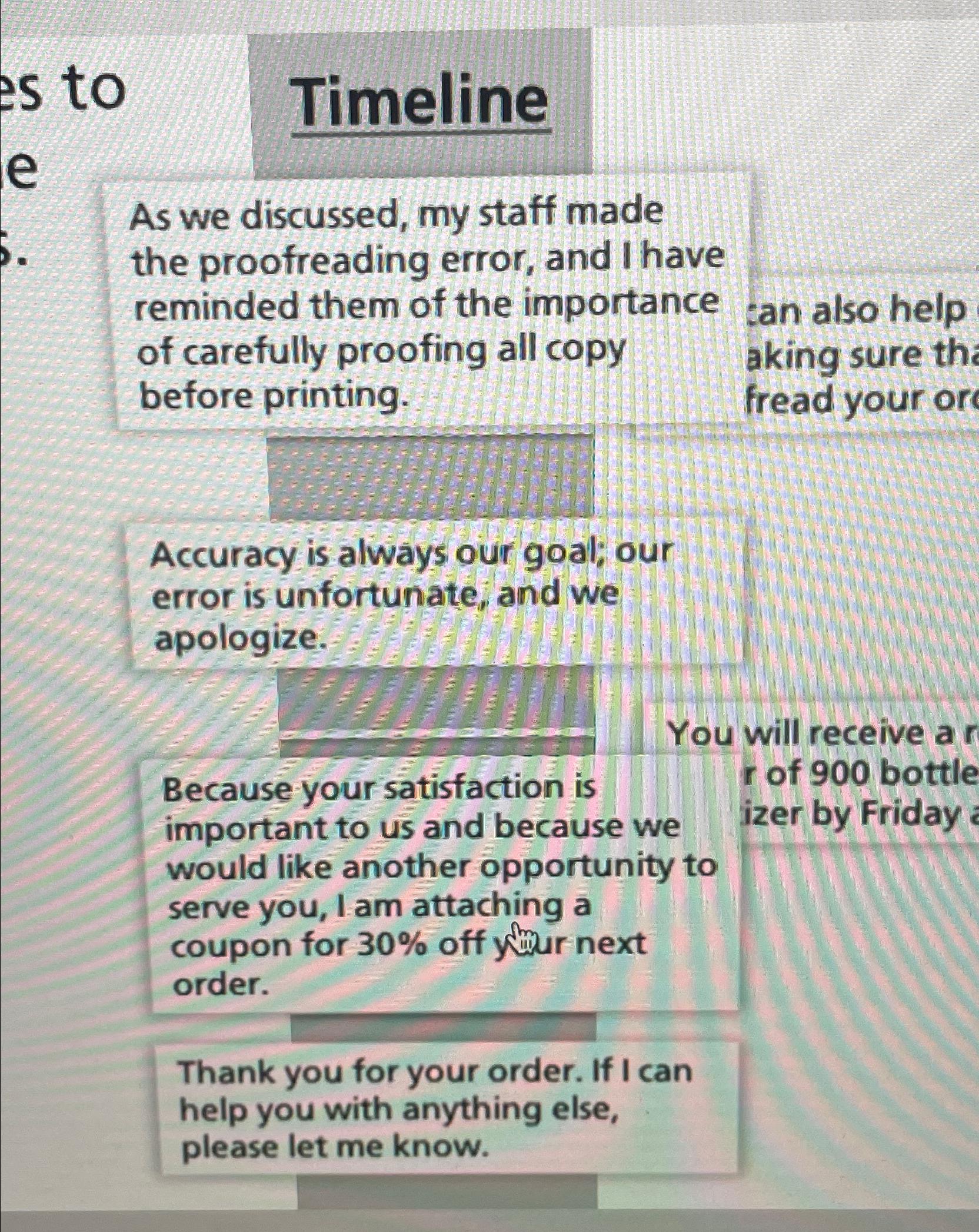 Solved TimelineAs we discussed, my staff made the | Chegg.com