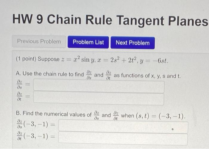 Solved HW 9 Chain Rule Tangent Planes Previous Problem | Chegg.com