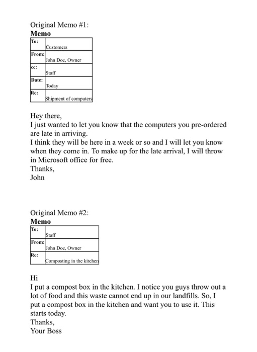 Original Memo 1 Memo To Customers From John Doe,