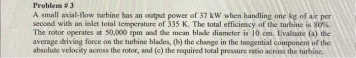 Solved Problem \# 3 A small axial-flow turbine has an output | Chegg.com