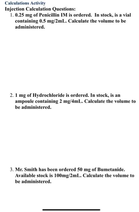 Solved Calculations Activity Injection Calculation | Chegg.com