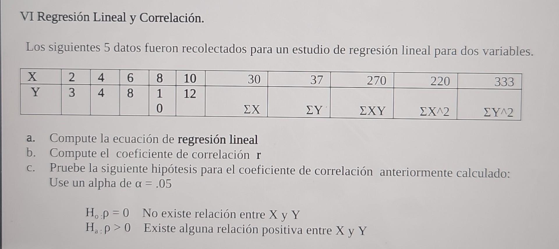 VI Regresión Lineal y Correlación. Los siguientes 5 datos fueron recolectados para un estudio de regresión lineal para dos va