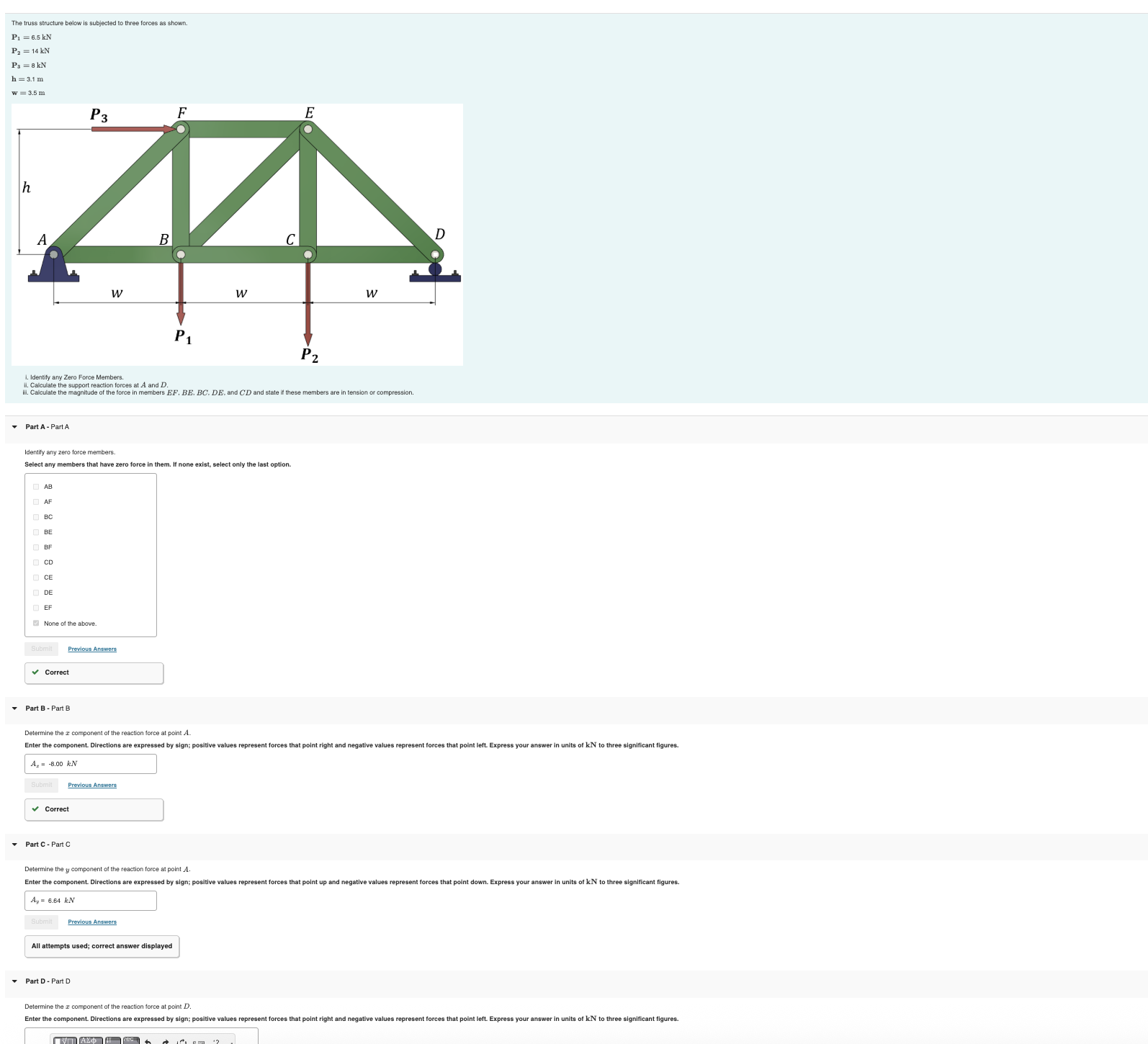 Solved The truss structure below is ﻿subjected to ﻿three | Chegg.com