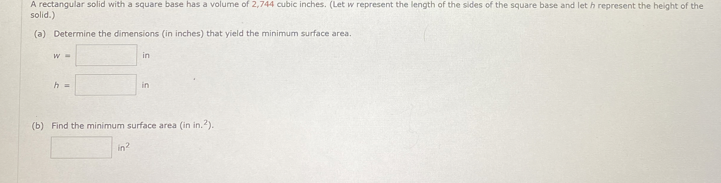 Solved A rectangular solid with a square base has a volume | Chegg.com