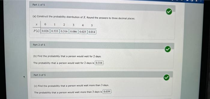 (a) Construct the probability distribution of \( X \). Round the answers to three decimal piaces.
Part 2 of 5
(b) Find the pr