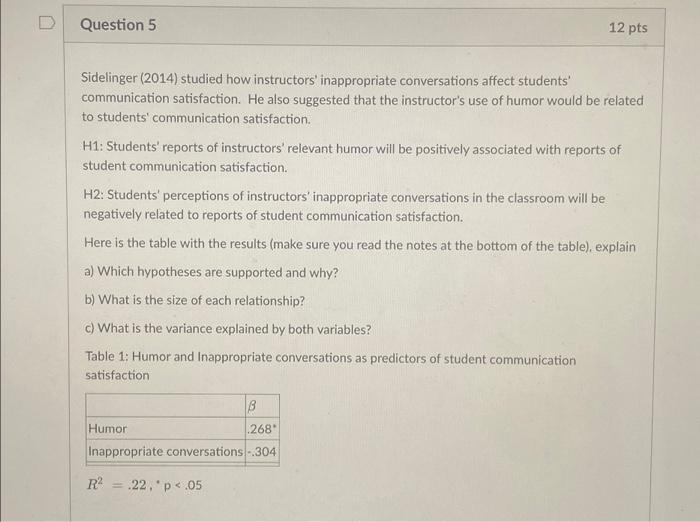 Question 5 Sidelinger (2014) studied how instructors' | Chegg.com